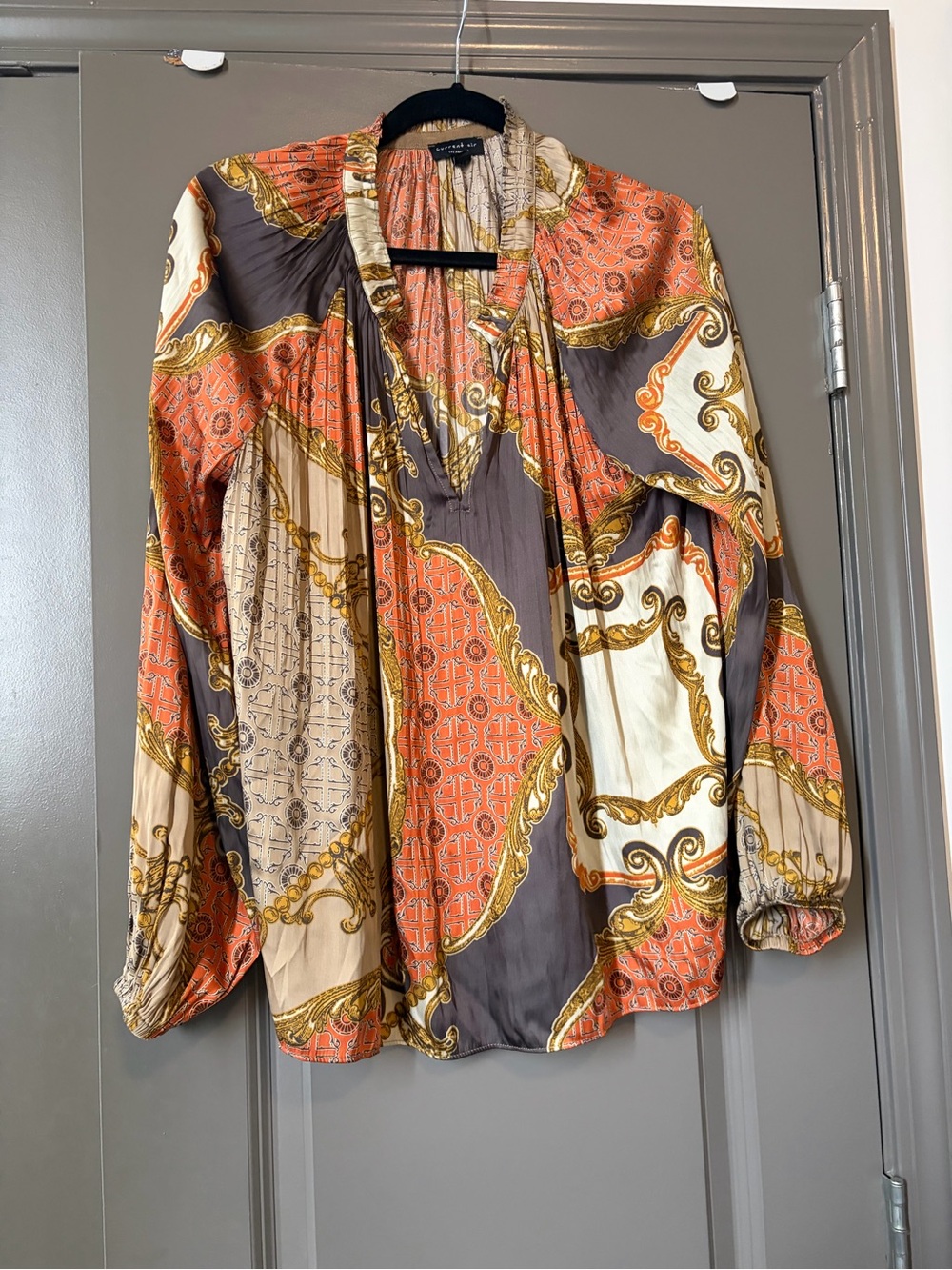 Current Air Scarf-Print Long-Sleeve Blouse in Orange, Brown & Cream